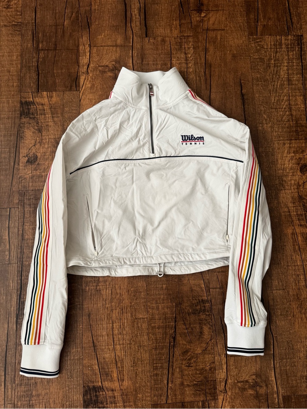 Wilson White Half-Zip Bomber Jacket with Rainbow Sleeve Stripes